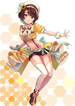 1girl beret black_shoes black_shorts blue_eyes breasts brown_hair closed_mouth cropped_jacket cropped_shirt garter_straps gloves hashtag-only_commentary hat high_heels highres hololive jacket looking_at_viewer medium_breasts medium_hair navel official_alternate_costume oozora_subaru oozora_subaru_(starlight) shirt shoes short_shorts shorts smile solo suspender_shorts suspenders thighhighs tooo88 virtual_youtuber white_garter_straps white_gloves white_hat white_shirt white_thighhighs yellow_jacket