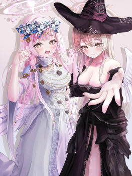 2girls absurdres alternate_costume black_dress blue_archive blush braid breasts cleavage closed_mouth collarbone dress ebutan feathered_wings halo hat highres long_hair looking_at_viewer low_wings mika_(blue_archive) multiple_girls nagisa_(blue_archive) open_mouth pink_hair pink_halo reaching reaching_towards_viewer smile very_long_hair white_dress white_wings wing_ornament wings witch_hat yellow_eyes