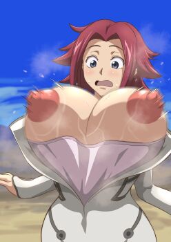1girl absurdres blue_eyes bouncing_breasts breasts cleavage code_geass dessert dress embarrassed exploding_clothes food highres huge_breasts iwao178 kouzuki_kallen nipples open_mouth red_hair surprised wardrobe_malfunction white_dress