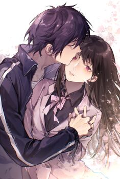 Rule 34 | 1boy, 1girl, artist name, black jacket, black shirt, blush, brown hair, collared shirt, commentary, dated, hetero, highres, holding hands, iki hiyori, jacket, lapels, looking at viewer, neck ribbon, noragami, parted lips, pink jacket, pink ribbon, purple hair, red eyes, ribbon, shirt, tears, undershirt, upper body, white background, white shirt, xuchuan, yato (noragami)