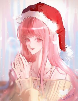 1girl absurdres bare_shoulders bra_strap bug butterfly chinese_commentary christmas commentary_request eyelashes fur-trimmed_headwear fur_trim haoyuzhishijie31369 happy hat highres indoors insect jewelry light_blush light_particles long_hair long_sidelocks long_sleeves looking_at_viewer miracle_nikki necklace nikki_(nikki) nikki_(series) off-shoulder_sweater off_shoulder open_mouth own_hands_together pink_eyes pink_hair pom_pom_(clothes) puffy_long_sleeves puffy_sleeves red_hat santa_hat sidelocks signature sleeves_past_wrists smile solo sweater upper_body winter_miracle_(miracle_nikki) yellow_sweater