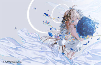 1girl bare_shoulders barefoot blonde_hair blue_eyes blue_flower blue_rose bouquet crymachina dress enoa_(crymachina) expressionless flower hair_flower hair_ornament halo holding holding_bouquet long_hair looking_at_viewer official_art petals rolua rose solo very_long_hair white_dress