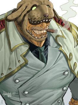 1boy animal_hood beard cigar coat coat_on_shoulders dog_hood epaulettes facial_hair grin higashida_623 highres hood large_pectorals male_focus monkey_d._garp muscular muscular_male mustache old old_man one_piece pectorals shaded_face short_hair smile solo thick_mustache