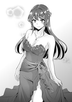 1girl arms_at_sides asou_shin bare_arms bare_shoulders breasts cleavage collarbone commentary_request dress earrings greyscale hair_ornament hairclip highres jewelry long_hair looking_at_viewer medium_breasts monochrome parallel_hairclips pendant sakurajima_mai seishun_buta_yarou simple_background sleeveless solo strapless strapless_dress thighs