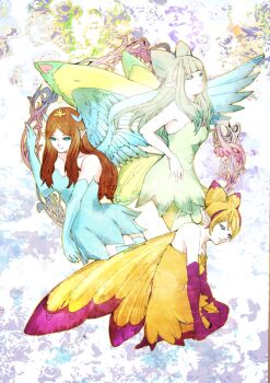 3girls bare_shoulders blonde_hair blue_dress blue_eyes blue_gloves blue_wings blunt_bangs brown_hair closed_mouth collarbone commentary cone_hair_bun copyright_name double_bun dress elbow_gloves eos_(ff14) fairy fairy_wings feathered_wings final_fantasy final_fantasy_xiv gloves green_dress green_hair hair_bun long_hair multiple_girls parted_bangs pointy_ears purple_gloves ruka_(blueplus84) selene_(ff14) seraph_(ff14) short_dress short_hair solid_eyes strapless strapless_dress twitter_username wings yellow_dress yellow_wings