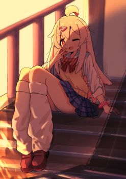 Rule 34 | 1girl, ;d, absurdres, ahoge, blue skirt, bow, bowtie, brown eyes, brown shoes, commentary, full body, gyaru, hair ornament, hairclip, highres, kneehighs, kogal, light blush, long hair, long sleeves, looking at viewer, loose socks, miniskirt, one eye closed, onii-chan wa oshimai!, open mouth, oyama mahiro, panties, pantyshot, pink hair, pleated skirt, railing, red bow, red bowtie, shirt, shoes, sitting, sitting on stairs, skirt, sleeves rolled up, smile, socks, solo, stairs, striped bow, striped bowtie, striped clothes, tsubatya, underwear, v, very long hair, vest, white panties, white shirt, white socks, yellow vest