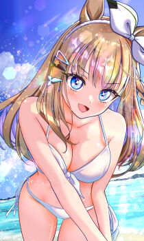 Rule 34 | + +, 1girl, almond eye (umamusume), animal ears, bare shoulders, beach, bikini, blue eyes, blue sky, blush, bow, braid, braided sidelocks, breasts, brown hair, cleavage, collarbone, colored inner hair, day, hair between eyes, hair ornament, hairband, hairclip, highres, horse ears, horse girl, kakikakilemon, large breasts, long hair, looking at viewer, multicolored hair, ocean, open mouth, outdoors, sky, smile, solo, stomach, swimsuit, symbol-shaped pupils, umamusume, water, white bikini, white hairband, x-shaped pupils