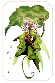 1girl antenna_hair bare_shoulders black_shorts boots breasts brown_boots brown_gloves chess_piece coat detached_collar dress dropping fairy fairy_wings fate/grand_order fate_(series) framed gloves green_coat green_dress green_wings hair_ribbon hand_on_own_cheek hand_on_own_face highres kazuradrop_(fate) knight_(chess) leaf long_sleeves mini_person minigirl murian_(fate) pawn_(chess) pom_pom_(clothes) purple_eyes purple_hair ribbon short_hair shorts simple_background small_breasts solo thigh_boots thighhighs tmtkai twitter_username white_background wings yellow_ribbon