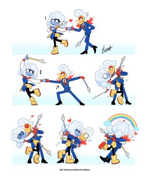 ! 1boy 1girl belt black_belt black_eyes black_leggings black_shoes blue_jacket blue_pants blue_skin blush blush_stickers boots collared_shirt colored_skin commentary couple dancing deltarune dress elnina_(deltarune) fire full_body heart hetero highres holding holding_hands holding_pointer implied_kiss interlocked_fingers jacket lanino_(deltarune) leggings medium_hair multiple_views musical_note necktie nelnal pants pointer rainbow red_necktie rubber_boots shirt shoes short_hair signature single_blush_sticker smile sparkle symbol-only_commentary utdr_(toby_fox) white_hair white_shirt yellow_boots yellow_skin