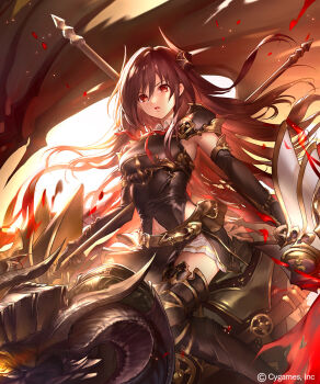 1girl armor armpits black_gloves black_overskirt breastplate brown_hair demon_horns dragon dual_wielding elbow_gloves forte_(shingeki_no_bahamut) gloves greaves hair_between_eyes highres holding holding_polearm holding_weapon horns lance liiko long_hair midriff_peek overskirt parted_lips pleated_skirt polearm red_eyes shadowverse shadowverse:_worlds_beyond shirt shoulder_armor skirt sleeveless sleeveless_shirt solo weapon white_skirt