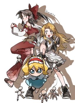 Rule 34 | 3girls, aihara-rina, alice margatroid, apron, artist name, belt, black gloves, black skirt, black vest, blonde hair, blue dress, blue eyes, bow, braid, brown belt, brown eyes, brown hair, capelet, chinese commentary, commentary request, dated, detached sleeves, dress, fingerless gloves, frilled hairband, frills, full body, gloves, hair bow, hair tubes, hairband, hakurei reimu, highres, holding, holding poke ball, kirisame marisa, long hair, looking at viewer, multiple girls, nintendo, no headwear, open clothes, open mouth, open vest, pants, parody, poke ball, pokemon, puppet strings, red bow, red hairband, red pants, shirt, side braid, single braid, skirt, smile, touhou, very long hair, vest, waist apron, white apron, white bow, white capelet, white shirt, yellow eyes