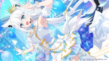 1girl :d absurdres ahoge animal_ear_piercing animal_ears armpits back_bow balloon blue_bow blue_bowtie blue_skirt bow bowtie braid breasts commentary_request concert confetti copyright_name crossed_bangs crown detached_collar detached_sleeves double-parted_bangs dress dutch_angle fox_ears fox_girl fox_tail gold_crown hair_between_eyes hand_up headset highres hololive hololive_dreams long_hair looking_at_viewer low_ponytail mini_crown official_alternate_costume official_art open_mouth outdoors pentagram pleated_dress ponytail puffy_detached_sleeves puffy_short_sleeves puffy_sleeves shirakami_fubuki short_sleeves side_braid single_braid skirt skirt_under_dress sleeveless sleeveless_dress small_breasts smile solo strapless strapless_dress tail virtual_youtuber waist_bow white_dress white_hair wrist_cuffs