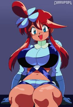 1girl :d blue_eyes blue_gloves blue_jacket blue_shorts breasts commentary english_commentary gloves hair_ornament highres jacket kurocharu large_breasts midriff nintendo one_side_up open_mouth pokemon pokemon_bw red_hair short_hair_with_long_locks short_shorts shorts sitting skyla_(pokemon) smile thick_thighs thighs turtleneck