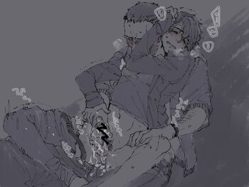 2boys a_nightmare_on_elm_street blush bottomless cum david_king dead_by_daylight erection greyscale handjob male_focus monochrome multiple_boys penis penis_grab quentin_smith sitting sitting_on_person sweat undressing wince yaoi