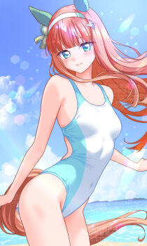 1girl absurdres animal_ears beach blue_eyes blue_sky blush breasts brown_hair cloud competition_swimsuit day ear_covers hairband highres horizon horse_ears horse_girl horse_tail kakikakilemon long_hair looking_at_viewer ocean one-piece_swimsuit orange_hair outdoors sand silence_suzuka_(umamusume) sky smile solo swimsuit tail umamusume water white_hairband white_one-piece_swimsuit