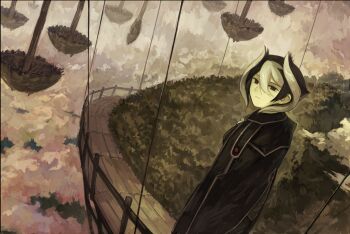 1girl above_clouds absurdres black_cape black_eyes black_hair cape closed_mouth cloud from_above grass hair_between_eyes highres kornod light_smile looking_at_viewer made_in_abyss multicolored_hair overcast ozen scenery short_hair sky solo standing tree two-tone_hair whistle white_hair