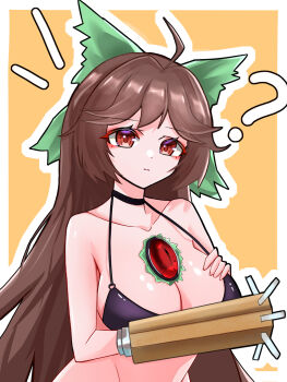 1girl 2934527737 ? ahoge arm_cannon bikini black_bikini bow breasts brown_hair closed_mouth commentary green_bow groin hair_bow highres large_breasts long_hair looking_at_viewer orange_background outline red_eyes reiuji_utsuho simple_background swimsuit third_eye touhou upper_body weapon white_outline