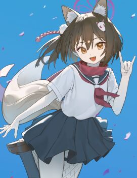 1girl absurdres animal_ears blue_archive blush breasts brown_hair commentary fang fox_ears fox_girl fox_tail hair_ornament halo highres izuna_(blue_archive) komodo looking_at_viewer open_mouth pink_halo scarf school_uniform serafuku smile solo tail yellow_eyes