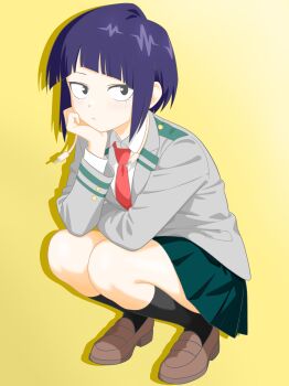 1girl absurdres audio_jack bare_legs black_eyes black_socks blazer blunt_bangs boku_no_hero_academia collared_shirt earplugs grey_jacket highres jacket jiro_kyoka long_earlobes long_sleeves majikichi915 necktie pleated_skirt purple_hair red_necktie school_uniform shirt short_hair skirt socks solo squatting u.a._school_uniform yellow_background