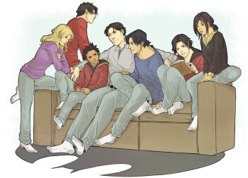2girls 5boys batman_(series) black_hair blonde_hair blue_shirt book brother_and_sister brothers bruce_wayne cassandra_cain collared_shirt couch couple damian_wayne dark_skin dc_comics denim dick_grayson family father_and_daughter father_and_son hood hoodie jason_todd jeans multiple_boys multiple_girls open_book pants purple_shirt reading red_shirt shirt siblings sitting socks stephanie_brown tim_drake