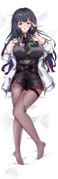 1girl absurdres black_gloves black_pantyhose black_shirt black_skirt breasts coat commentary_request dakimakura_(medium) fingerless_gloves glasses gloves gude_(gudechang) highres honkai_(series) honkai_impact_3rd id_card lab_coat large_breasts long_hair looking_at_viewer lying mei_(honkai_impact) on_back pantyhose purple_eyes purple_hair round_eyewear shirt skirt solo very_long_hair white_coat