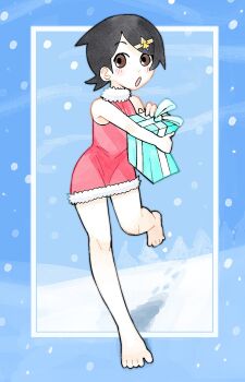 1girl 1her0 :o alternate_costume barefoot black_hair box brown_eyes commentary dress english_commentary full_body fur-trimmed_collar fur-trimmed_dress fur_trim fuura_kafuka gift gift_box hair_ornament hairclip highres holding holding_gift light_blush looking_at_viewer outdoors parted_lips red_dress santa_costume santa_dress sayonara_zetsubou_sensei short_dress short_hair sleeveless sleeveless_dress snow snowing solo walking