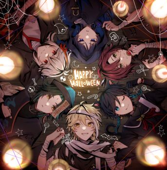 6+boys aether_(genshin_impact) ahoge alternate_costume alternate_hairstyle animal_ear_fluff animal_ears antenna_hair aqua_eyes aqua_hair bandaged_arm bandaged_head bandages bandaid bandaid_on_neck bare_shoulders bell black_cape black_gloves black_hair black_jacket black_shirt black_tank_top blonde_hair blue_cape blue_eyes blue_hair blue_hat blunt_ends bone braid brown_hair candle cape cat_ears chinese_clothes closed_mouth cookie earrings facial_mark fake_animal_ears fake_tail food forehead_mark genshin_impact gloves gradient_hair green_eyes grey_hair hair_between_eyes half-closed_eyes halloween halloween_costume hand_up hands_up happy_halloween hat highres holding holding_hands hood hooded_cape jacket jewelry jiangshi jiangshi_costume jingle_bell kaedehara_kazuha lapels long_hair long_sleeves looking_at_another looking_at_viewer looking_up lying mandarin_collar mole mole_under_each_eye mole_under_eye multicolored_hair multiple_boys multiple_moles multiple_rings neck_bell neck_ribbon no_headwear ofuda on_back one_eye_closed open_mouth purple_hair red_eyes red_hair red_ribbon ribbon rinbo_7140 ring scaramouche_(genshin_impact) shikanoin_heizou shirt short_hair short_sleeves silk single_earring skull smile spider_web star_(symbol) streaked_hair tail tank_top tassel tassel_earrings teeth tongue tongue_out torn_clothes torn_shirt twin_braids two-sided_cape two-sided_fabric two-tone_hair venti_(genshin_impact) white_shirt wristband xiao_(genshin_impact) yellow_eyes