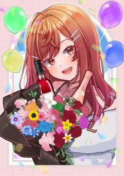 1girl ahoge bottle bouquet commentary_request flower fur-trimmed_jacket fur_trim hair_ornament hairpin highres holding holding_bottle holding_bouquet hololive hololive_dev_is ichijou_ririka ichijou_ririka_(1st_costume) jacket medium_hair open_mouth orange_eyes orange_hair pink_shirt shirt smile solo virtual_youtuber white_jacket wine_bottle yokuto