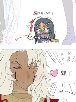 Rule 34 | black hair, blush, breasts, chibi, cleavage, commentary request, crying, dark-skinned female, dark-skinned male, dark skin, fate/grand order, fate (series), flower, fujimaru ritsuka (female), grand caster (fate), green eyes, hat, highres, jewelry, koneko 185, long hair, merlin (fate), scheherazade (fate), solomon (fate), status effect, sweat, white hair