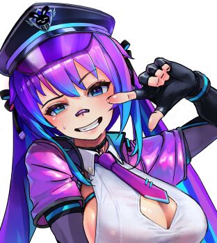 1girl absurdres bandaid bandaid_on_face bandaid_on_nose black_hair black_hat blue_hair blue_ribbon breasts cleavage cleavage_cutout clothing_cutout collared_shirt fingerless_gloves gloves hair_ribbon hat highres large_breasts long_hair melody_(projektmelody) melody_(projektmelody)_(lewd_cadet) multicolored_hair necktie police_hat purple_hair purple_necktie ribbon shirt streaked_hair tadpole_flavor twintails virtual_youtuber vshojo white_background white_shirt
