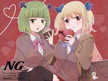 2girls alternate_costume blonde_hair blush box brandish_mew brown_bag brown_eyes brown_sweater collared_shirt commentary_request cross_hair_ornament cupcake english_text fairy_tail food green_eyes green_hair hair_ornament heart heart-shaped_box highres holding holding_food long_hair looking_at_viewer lucy_heartfilia multiple_girls open_mouth sa_ftnl school_uniform shirt short_hair signature sweater watermark white_shirt