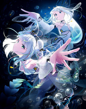 2girls absurdres black_choker breasts bubble center_opening choker cleavage commentary dancer detached_sleeves dress green_eyes highres jellyfish_girl long_hair looking_at_viewer medium_hair multicolored_eyes multiple_girls nasan_(coldtime) original see-through_clothes see-through_sleeves siblings sisters small_breasts translucent_hair twins underwater white_dress white_hair