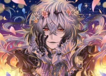 1boy aogiyuki closed_mouth crown flower formal_clothes hair_flower hair_ornament highres lips long_sleeves looking_at_viewer male_focus pinstripe_pattern pinstripe_suit short_hair skully_j._graves smile solo suit the_nightmare_before_christmas twisted_wonderland white_hair