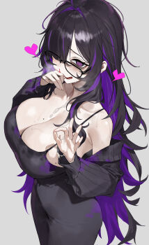 1girl @_@ absurdres aroused_nosebleed bags_under_eyes bare_shoulders black-framed_eyewear black_hair blood blush breasts cardigan cleavage colored_inner_hair commentary dress gdd_(vkejr702) glasses goddess_of_victory:_nikke hair_over_one_eye highres label_(nikke) large_breasts long_hair looking_at_viewer mole mole_on_breast multicolored_hair nervous_smile nosebleed purple_eyes purple_hair purple_streaks shiny_skin simple_background smile solo standing sweat symbol-only_commentary taut_clothes taut_dress very_long_hair