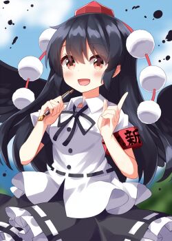 1girl :d alternate_hair_length alternate_hairstyle black_hair black_ribbon black_skirt black_wings blurry blurry_background collared_shirt commentary_request cowboy_shot day feathered_wings frilled_skirt frills hands_up hat highres holding holding_pen index_finger_raised long_hair looking_at_viewer neck_ribbon open_mouth outdoors pen pom_pom_(clothes) red_eyes red_hat ribbon ribbon-trimmed_shirt ribbon-trimmed_skirt ribbon_trim ruu_(tksymkw) shameimaru_aya shirt short_sleeves skirt smile solo tokin_hat touhou white_shirt wings