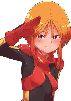 1girl absurdres black_bodysuit bodysuit breasts bright_pupils commentary_request gloves gundam gundam_zz hair_between_eyes half-closed_eyes highres long_sidelocks looking_at_viewer mecha_pilot_suit multicolored_bodysuit neo_zeon normal_suit_(gundam) onimaru_(onimal7802) orange_hair purple_eyes puru_two red_bodysuit red_gloves salute short_hair sidelocks simple_background skin_tight small_breasts smile solo upper_body white_background white_pupils