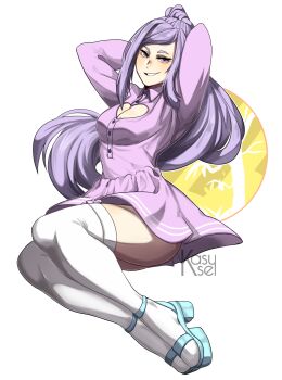 1girl aeris_(utau) aqua_shoes arms_behind_head ass breasts cleavage_cutout clothing_cutout commission dress full_body heart_cutout high_heels high_ponytail highres kasusei large_breasts long_hair looking_at_viewer non-web_source official_art outline pleated_dress ponytail purple_dress purple_eyes purple_hair shoes sidelocks simple_background sitting smile solo swept_bangs thighhighs transparent_background utau very_long_hair watermark white_outline white_thighhighs
