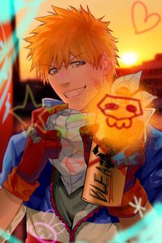 1boy absurdres bandana bandana_around_neck bleach blurry blurry_background brown_eyes chappy commentary_request gloves heart highres holding holding_spray_can kurosaki_ichigo looking_at_viewer nanoli21 orange_hair outdoors paint paint_on_clothes paint_splatter paint_splatter_on_face skull smile solo spray_can star_(symbol) sunset
