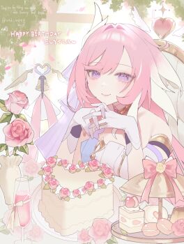 1girl absurdres armlet bare_shoulders birthday_cake breasts cake closed_mouth commentary_request cookie cup dessert drinking_glass elysia_(herrscher_of_human:_ego)_(honkai_impact) elysia_(honkai_impact) english_text food gloves gradient_hair hair_intakes hands_up happy_birthday heart heart-shaped_cake heart-shaped_food highres honkai_(series) honkai_impact_3rd indoors jewelry juice looking_at_viewer macaron medium_breasts multicolored_hair pastel_colors pink_hair purple_eyes smile solo streaked_hair twitter_username us2_uoxo white_gloves white_hair