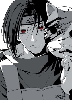 Rule 34 | 1boy, blood on mask, closed mouth, commentary request, forehead protector, fox mask, greyscale, high collar, highres, holding, holding mask, konohagakure anbu uniform, konohagakure symbol, korean commentary, looking at viewer, male focus, mask, metalofyang, monochrome, naruto (series), naruto shippuuden, red eyes, sharingan, simple background, solo, spot color, twitter username, uchiha itachi, unworn mask, white background