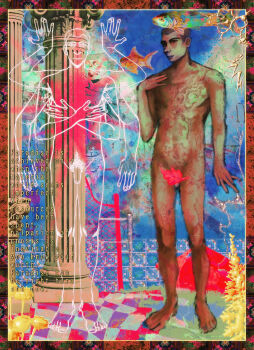1boy brown_hair collage column commentary completely_nude english_commentary english_text extra_arms fig_leaf fish full_body highres leaf leaf_censor male_focus no_i&#039;m_not_a_human nude penis pillar protagonist_(no_i&#039;m_not_a_human) short_hair standing surreal symbolism zhenovlisko