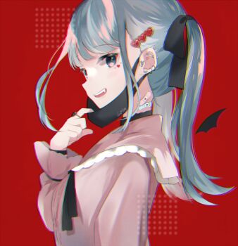 1girl aqua_eyes aqua_hair bandaid bandaid_on_neck barbell_piercing chromatic_aberration commentary_request ear_piercing fang hair_ornament hatsune_miku heart heart_hair_ornament highres jewelry long_hair mask mouth_mask piercing pink_shirt red_background ring shirt solo spiked_ear_piercing spring_onion teeth twintails upper_teeth_only vampire_(vocaloid) vocaloid yuni_(irohasuiroiro)