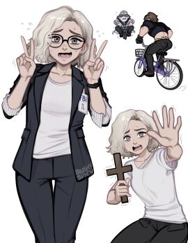 Rule 34 | 1girl, 2boys, artist name, ass, back tattoo, bicycle, blonde hair, blushyspicy, breasts, commentary, cowboy shot, cross, double v, english commentary, fbi badge, formal clothes, grace ashcroft, grey eyes, highres, holding, holding cross, jacket, kid holding cross (meme), leon s. kennedy, leon vs gideon motorcycle scene, meme, multiple boys, multiple views, resident evil, resident evil requiem, shaking, shirt, short hair, simple background, suit, sweatdrop, tattoo, thong, tramp stamp, v, victor gideon, white background