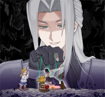 3boys aerith_gainsborough age_comparison aqua_eyes armor baggy_pants black_gloves black_jacket blonde_hair blue_eyes blue_pants blue_shorts boots brown_boots brown_hair cloud_strife crying dress final_fantasy final_fantasy_vii gloves grey_hair hair_ribbon half-closed_eyes hand_up highres jacket keiseki1 long_bangs long_dress long_hair low_poly low_ponytail marionette multiple_boys open_mouth pants parted_bangs parted_lips pauldrons pink_dress pink_ribbon pinned ponytail puffy_short_sleeves puffy_sleeves puppet red_jacket ribbon sephiroth shirt short_hair short_sleeves shorts shoulder_armor sidelocks slit_pupils smile spiked_hair suspenders t-shirt tears temple_of_the_ancients white_shirt