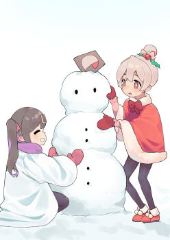 2girls araimelon black_hair black_pantyhose bow bowtie brown_eyes closed_eyes commentary english_commentary facing_another fake_ahoge full_body fur-trimmed_poncho grey_hair hair_ornament hairclip highres holly_hair_ornament long_sleeves looking_at_another mittens multicolored_hair multiple_girls onii-chan_wa_oshimai! outdoors oyama_mahiro oyama_mihari pantyhose purple_hair purple_scarf red_bow red_bowtie red_mittens red_poncho scarf siblings sisters snow snowman squatting standing twintails two-tone_hair