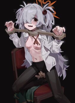 1boy 1girl a_tea bdsm black_background black_pantyhose blue_archive blush bondage bound bound_arms bow bowtie breasts brown_eyes brown_halo chair clitoral_stimulation collared_shirt disembodied_hand dress fingernails grey_hair hair_between_eyes hair_over_one_eye halo hands_up highres kanoe_(blue_archive) loli long_hair long_sleeves looking_at_viewer looking_to_the_side loose_neck_ribbon navel neck_ribbon nipples no_bra no_shoes on_chair one_eye_covered open_clothes open_mouth open_shirt pantyhose pillory red_bow red_bowtie restrained ribbon scar scar_on_neck shaded_face shirt simple_background sleeve_cuffs small_breasts stomach twintails two_side_up unbuttoned unbuttoned_shirt unworn_dress very_long_hair wavy_hair wavy_mouth white_shirt