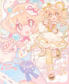 1girl :d animal_ears asymmetrical_legwear black_shoes blue_dress bow bowtie commentary dress fanqiealxe frilled_dress frills full_body green_bow green_bowtie green_socks hand_up highres long_sleeves looking_at_viewer medium_hair mismatched_legwear mouse_ears mouse_girl multiple_views open_mouth orange_hair original red_bow red_bowtie shoes single_sock single_thighhigh smile socks standing standing_on_one_leg star-shaped_pupils star_(symbol) symbol-only_commentary symbol-shaped_pupils thighhighs twintails uneven_legwear w white_dress yellow_eyes yellow_thighhighs