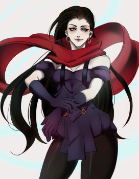 1girl bad_id bad_tumblr_id black_hair blue_eyes breasts cleavage contrapposto earrings elbow_gloves female_focus gloves highres hoop_earrings jewelry jojo_no_kimyou_na_bouken lipstick lisa_lisa long_hair looking_to_the_side makeup muragi off_shoulder pantyhose purple_gloves red_lips red_scarf scarf smile solo standing