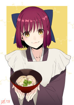 1girl :3 apron blush bow bowl chemical_structure clam commentary_request hair_bow holding holding_bowl japanese_clothes kimono kohaku_(tsukihime) looking_at_viewer maid miso_soup red_hair short_hair smile solo sumeragi_kohaku tsukihime wa_maid yellow_eyes