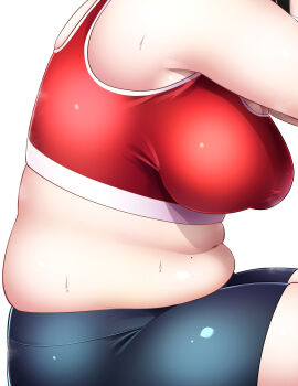 Rule 34 | 1girl, big mukimuki &amp; small muchimuchi, breasts, from side, grey shorts, head out of frame, highres, hinoharaf (14310486), large breasts, mole, mole on stomach, muffin top, navel, plump, red sports bra, shiina (big mukimuki &amp; small muchimuchi), shorts, simple background, solo, sports bra, sweat, thick arms, thick thighs, thighs, white background